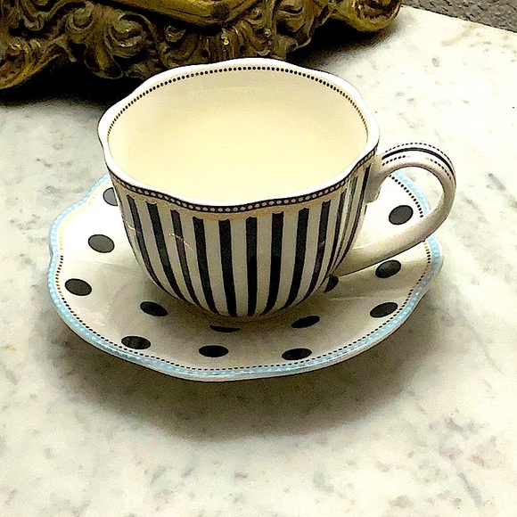 GRACES TEAWARE FLAT CUP SAUCER SET BLACK STRIPE & DOTS METALLIC GOLD DOTS NEW - Picture 3 of 14